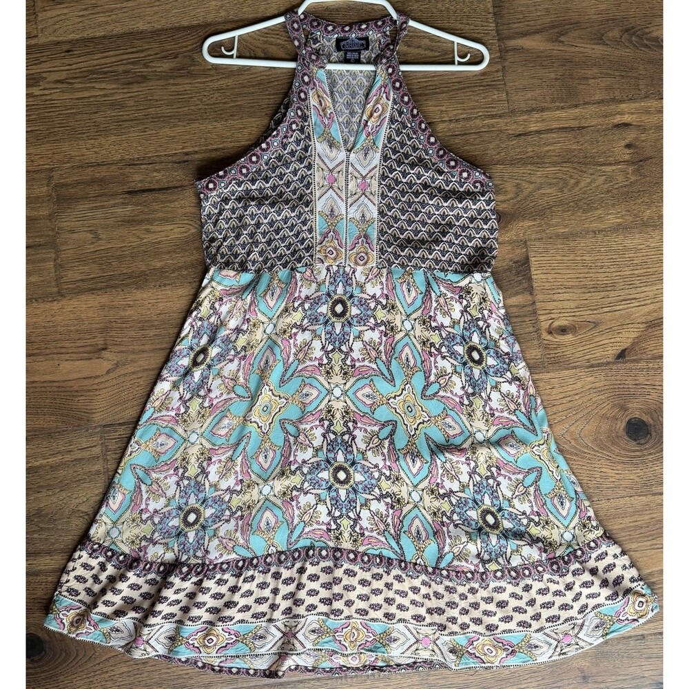 Angie Halter Mini Dress Large Boho Medallion Print Swing Sleeveless Rayon USA